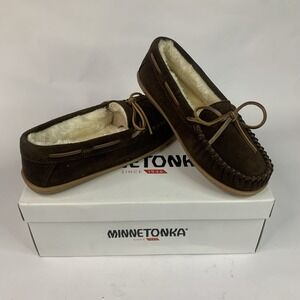 Minnetonka Women Camp Tie Moccasin Suede Slippers 40617 Chocolate Size 7M